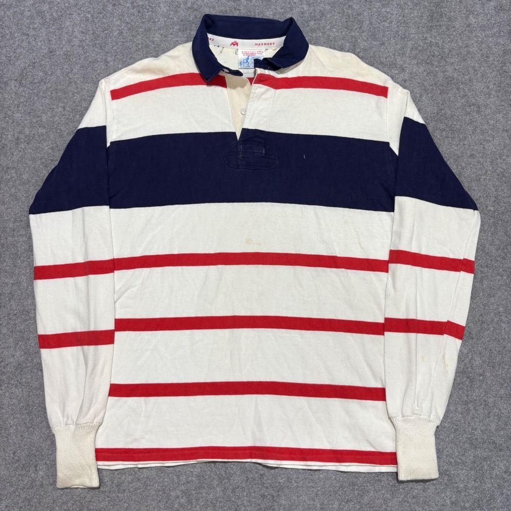 Vintage Maxmore Rugbywear Striped Rugby Shirt Mens XL Red White Blue Long Sleeve